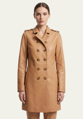 Women's Leather Trench Coat Camel Brown