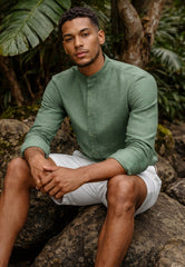 Men's 100% Linen Shirt in Green - Summer Shirt with Stand-Up Collar