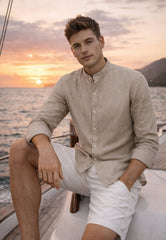 Men's Shirt made of 100% Linen in Beige - Summer Shirt with Stand-up Collar