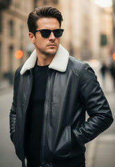 Luxus-Lammfelljacke Damian | Dunkelblau – Pilotenstil & Merino-Lammfell