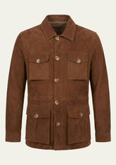 Herren Veloursleder-Jacke Cognac im Safari-Design