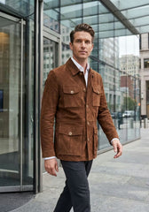 Herren Veloursleder-Jacke Cognac im Safari-Design