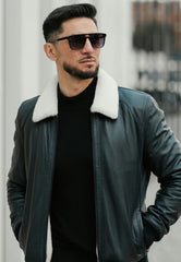 Luxus-Lammfelljacke Damian | Dunkelblau – Pilotenstil & Merino-Lammfell