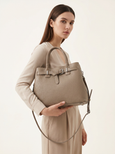 Elegant Genuine Leather Handbag Taupe with Shoulder Strap