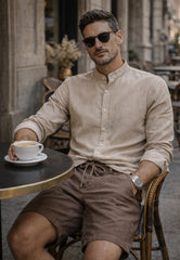 Men's Shirt made of 100% Linen in Beige - Summer Shirt with Stand-up Collar