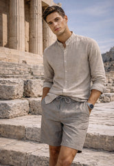 Men's Shirt made of 100% Linen in Beige - Summer Shirt with Stand-up Collar