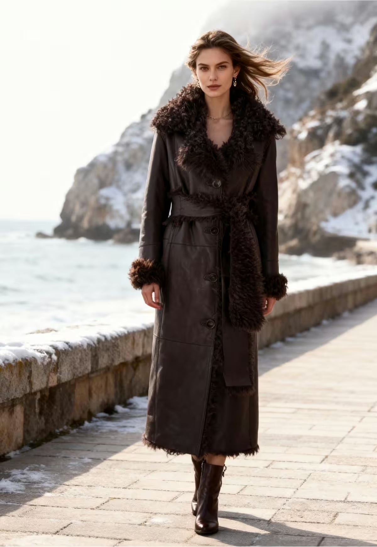 Curly Reversible Coat Noella in Lambskin - Dark Brown
