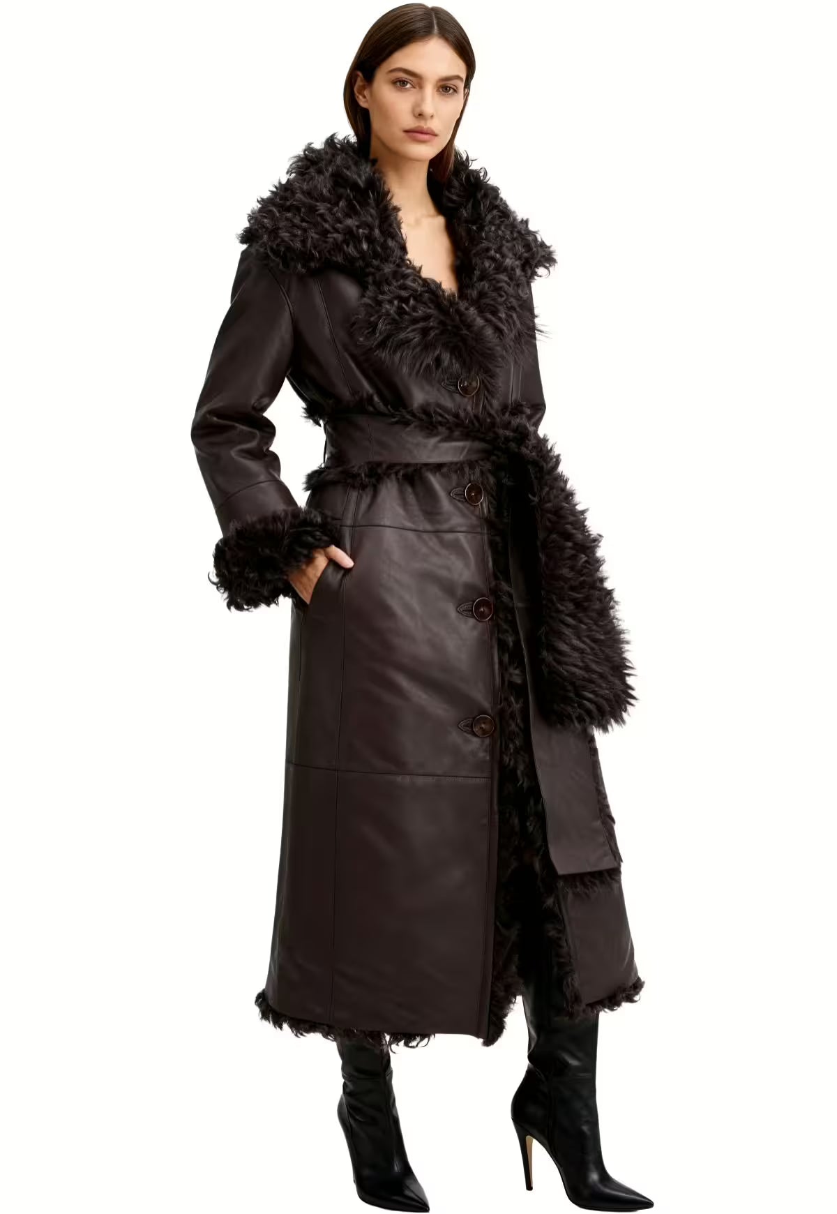 Curly Reversible Coat Noella in Lambskin - Dark Brown