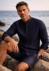 Men's 100% Linen Dark Blue Shirt - Summer Shirt with Stand-Up Collar