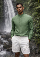 Men's 100% Linen Shirt in Green - Summer Shirt with Stand-Up Collar