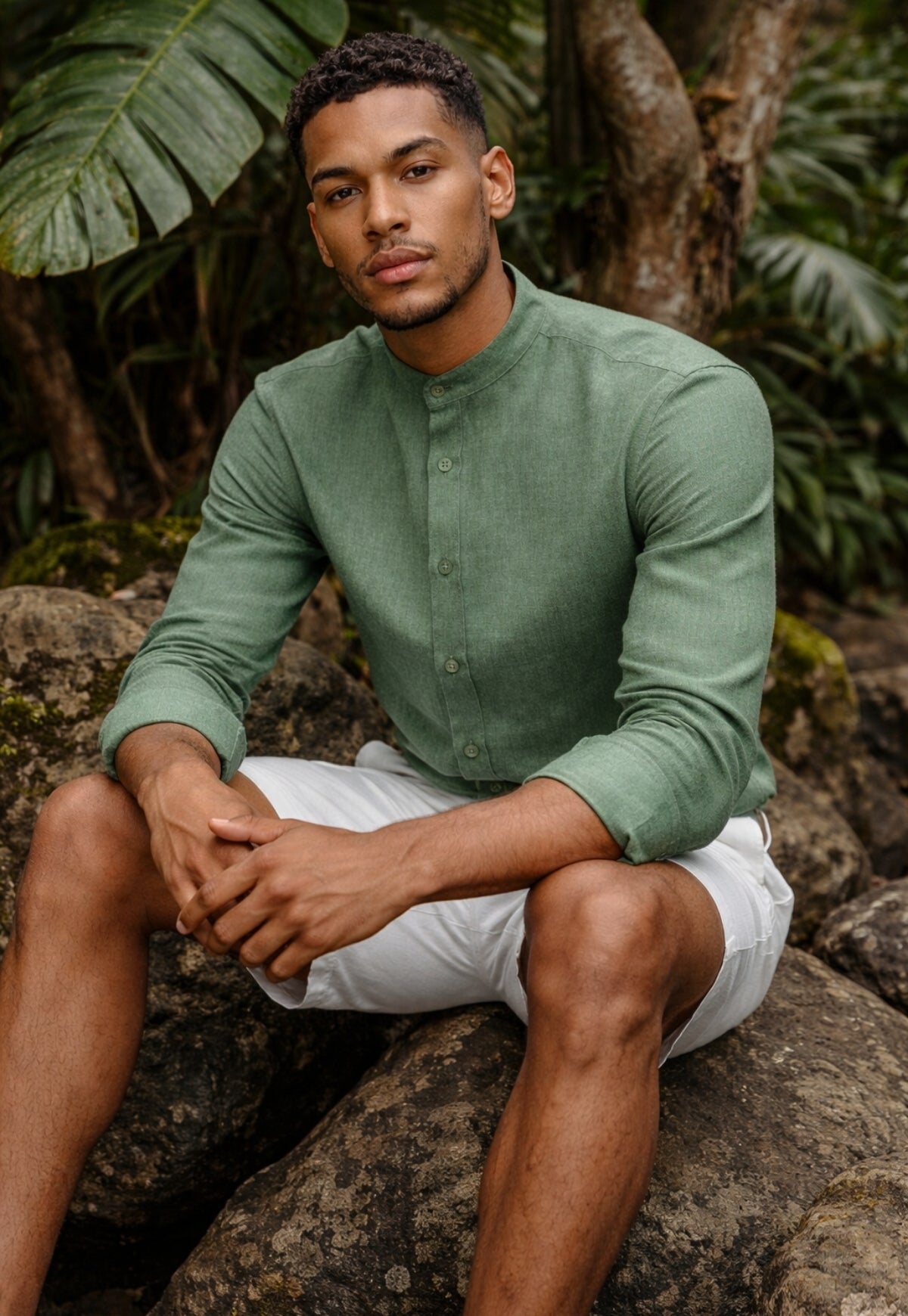 Men's 100% Linen Shirt in Green - Summer Shirt with Stand-Up Collar