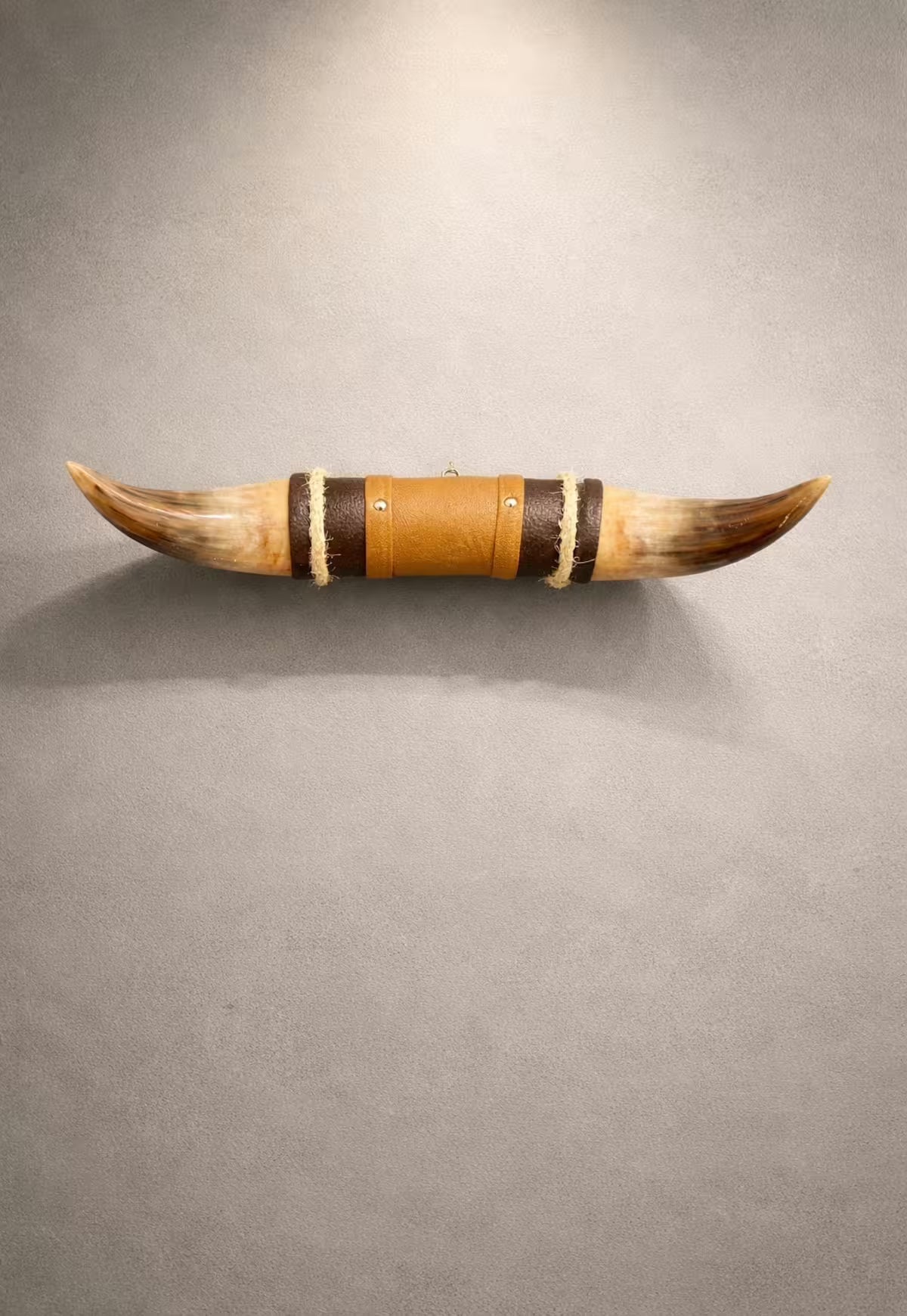 Bullhorn Wall Decor Model 13 – Natural Horn One-of-a-Kind with Leather-Wood Mount