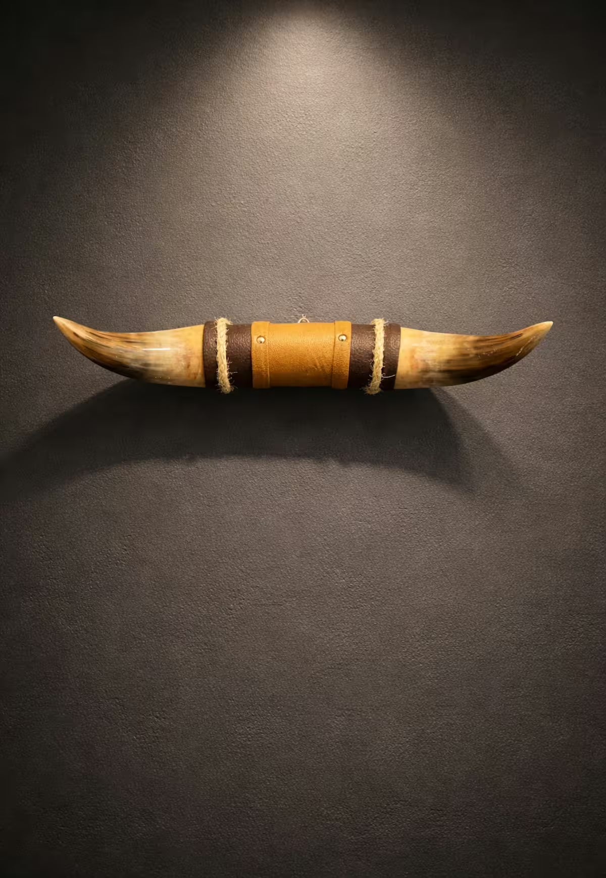 Bullhorn Wall Decor Model 13 – Natural Horn One-of-a-Kind with Leather-Wood Mount