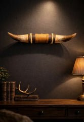 Bullhorn Wall Decor Model 13 – Natural Horn One-of-a-Kind with Leather-Wood Mount