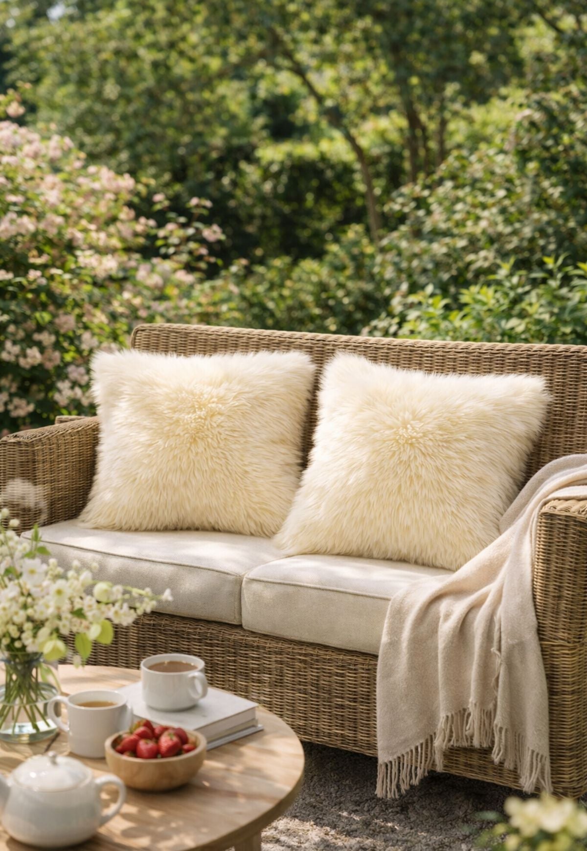 Sheepskin Cushion Merino Champagne with Inlay