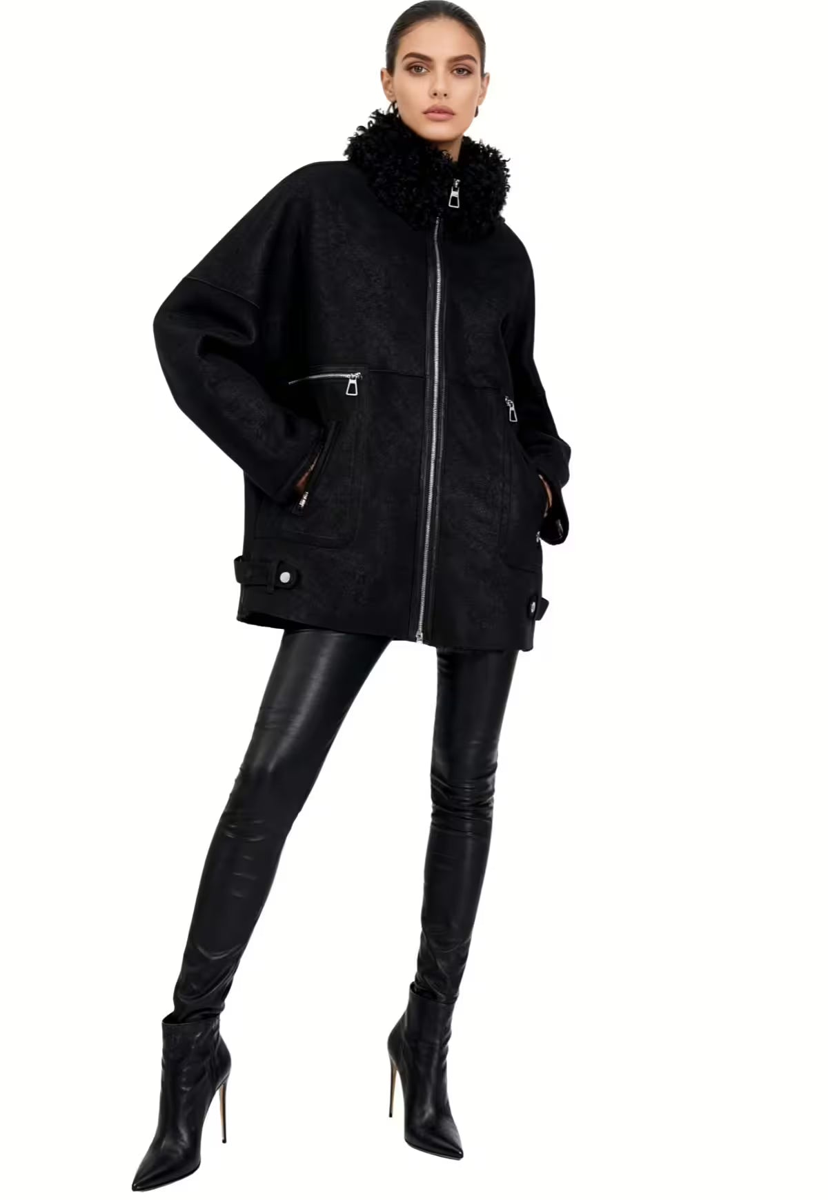 Shearling lambskin jacket with a stylish curly collar