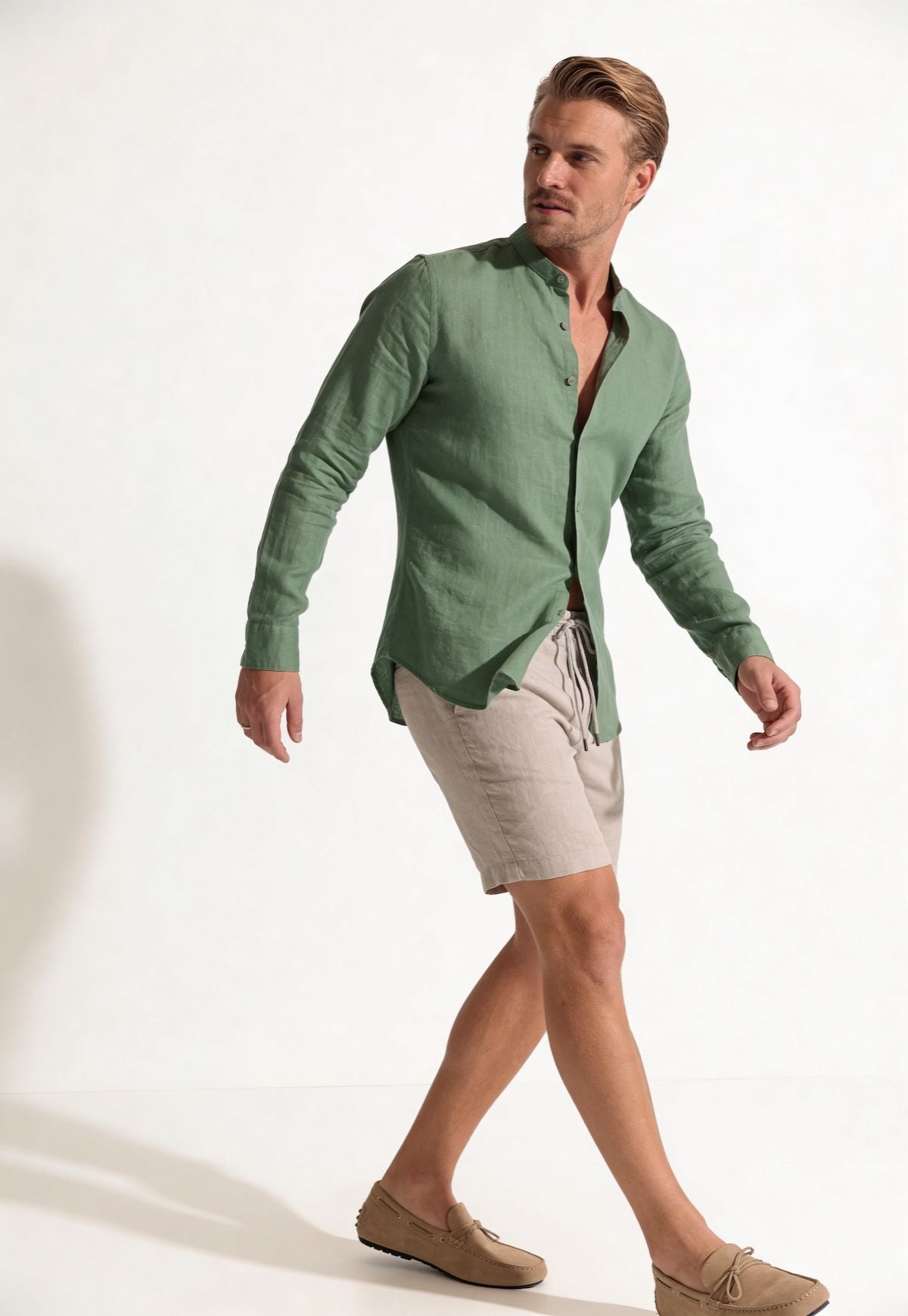 Men's 100% Linen Shirt in Green - Summer Shirt with Stand-Up Collar
