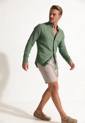 Men's 100% Linen Shirt in Green - Summer Shirt with Stand-Up Collar