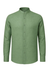 Men's 100% Linen Shirt in Green - Summer Shirt with Stand-Up Collar