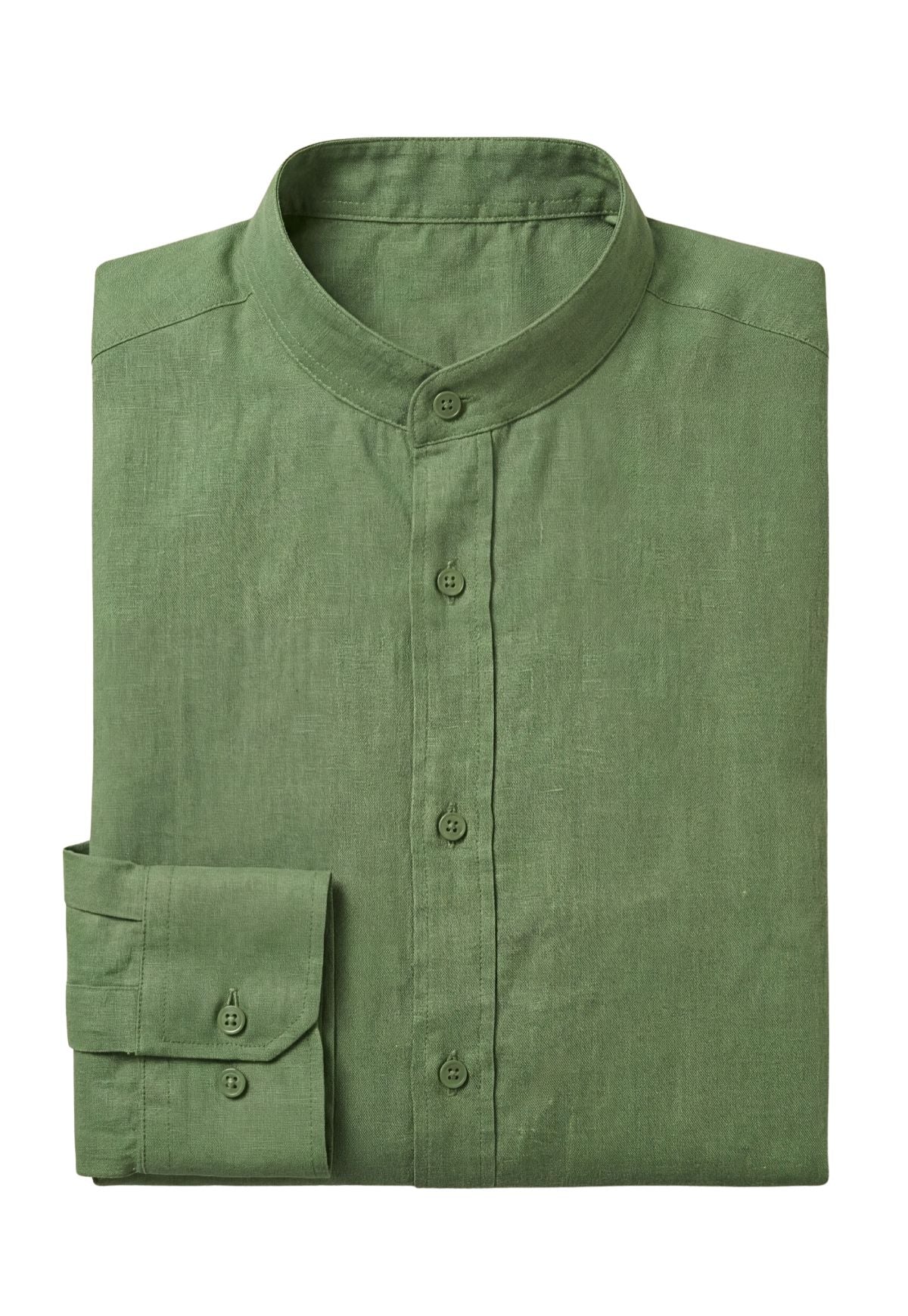 Men's 100% Linen Shirt in Green - Summer Shirt with Stand-Up Collar