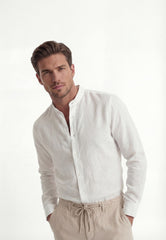 Men's 100% Linen Shirt in White - Summer Shirt with Stand-Up Collar