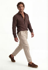 Men's Shirt made of 100% Linen in Brown - Summer Shirt with Kent Collar