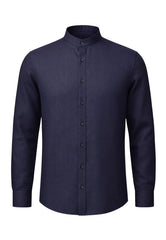 Men's 100% Linen Dark Blue Shirt - Summer Shirt with Stand-Up Collar
