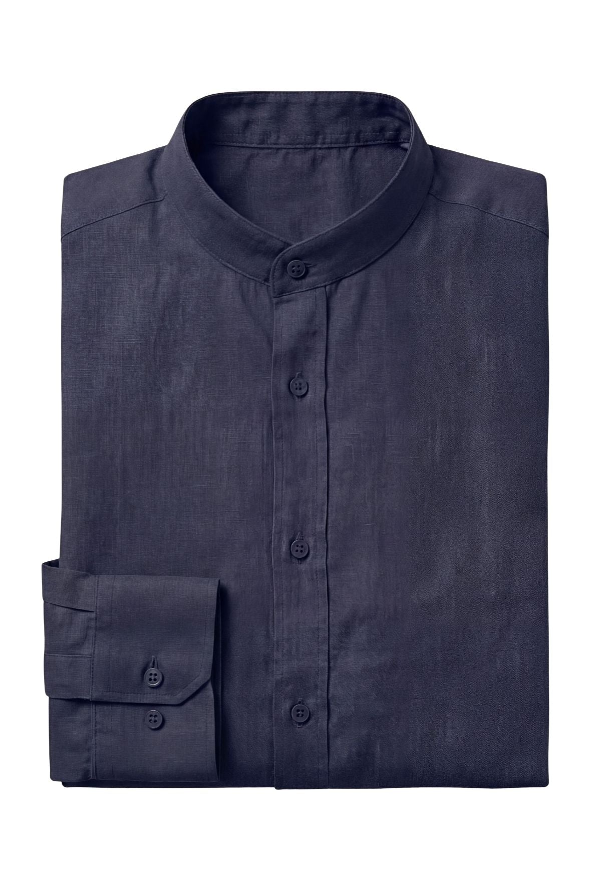 Men's 100% Linen Dark Blue Shirt - Summer Shirt with Stand-Up Collar