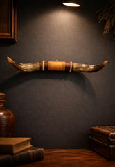 Bull Horn Wall Object Model 4 - Natural Horn Unique Piece with Leather-Wood Mount