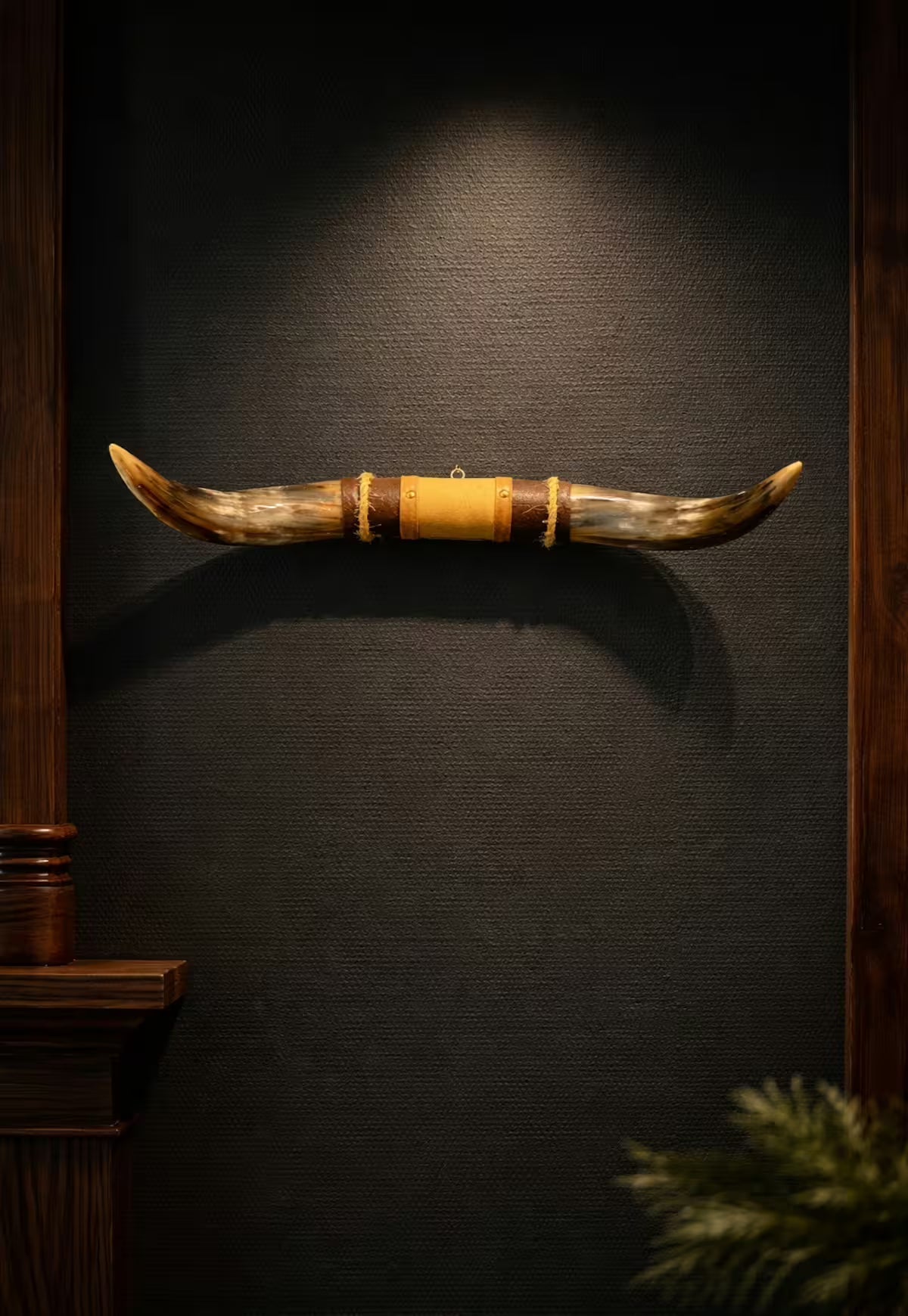 Bull Horn Wall Object Model 4 - Natural Horn Unique Piece with Leather-Wood Mount