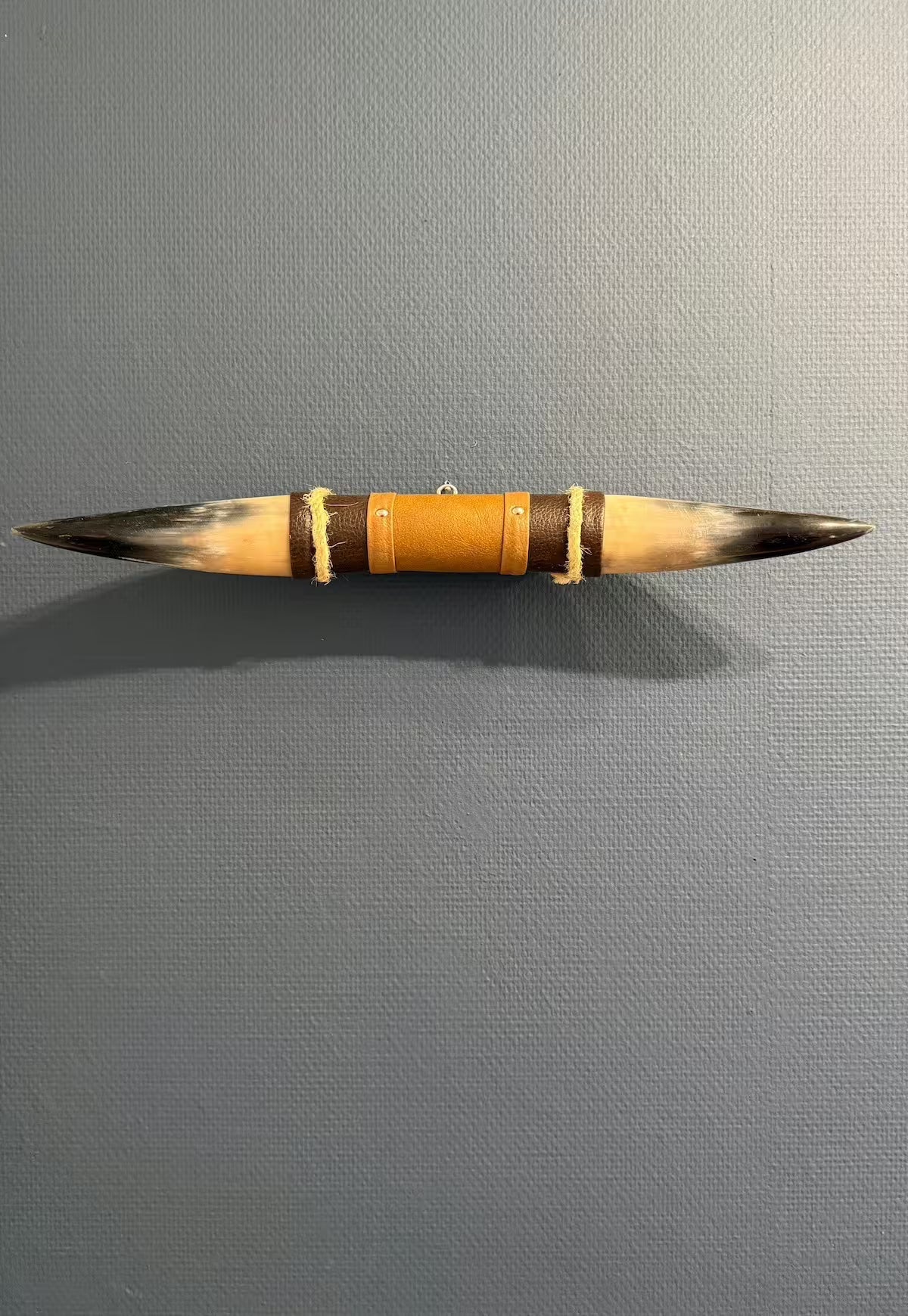 Bull Horn Wall Decor Model 7 - Natural Horn Unique Piece with Leather-Wood Mount
