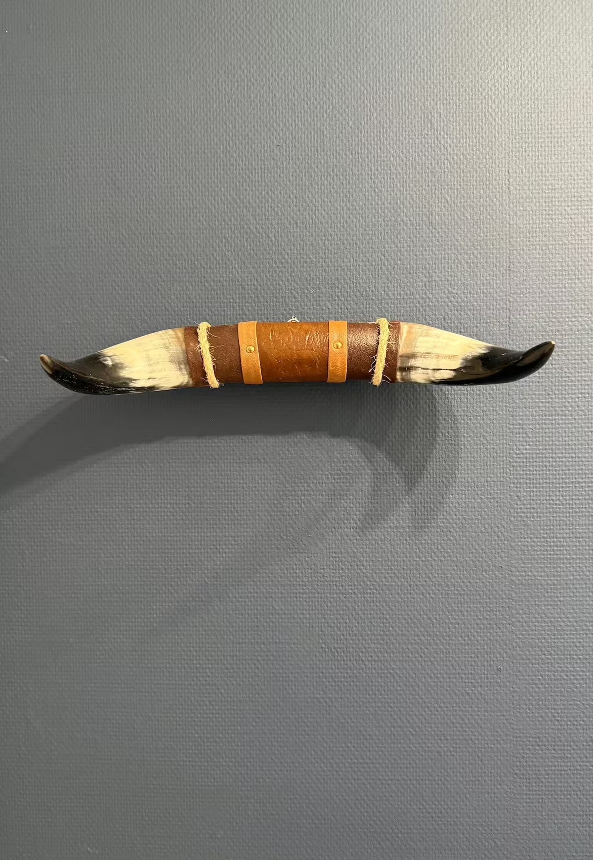 Bull Horn Wall Art Model 9 – Natural Horn Unique Piece with Leather-Wood Mount