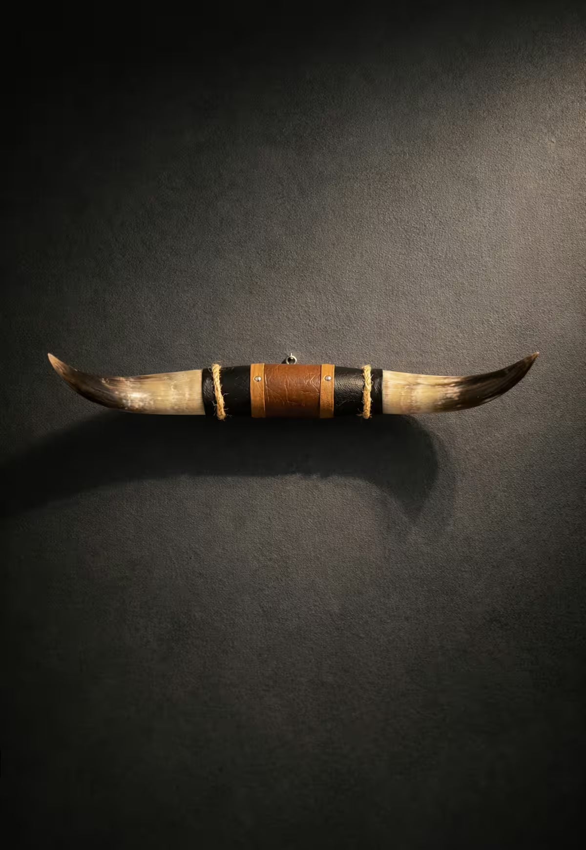 Bull Horn Wall Object Model 11 – Natural Horn Unique Piece with Leather-Wood Mount