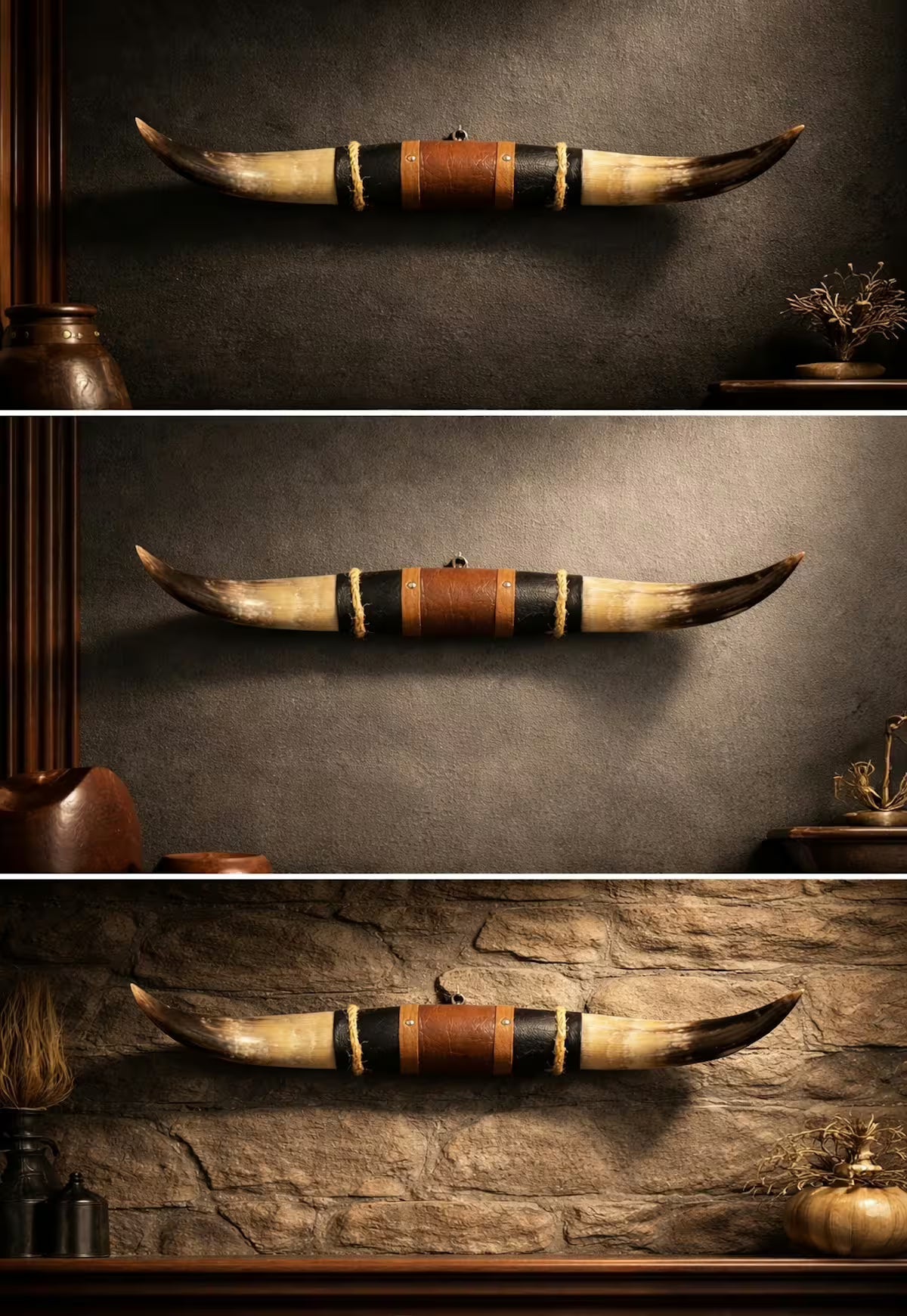 Bull Horn Wall Object Model 11 – Natural Horn Unique Piece with Leather-Wood Mount