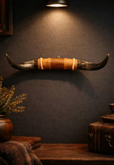 Bullhorn Wall Object Model 12 – Natural Horn Unique Piece with Leather-Wood Mount