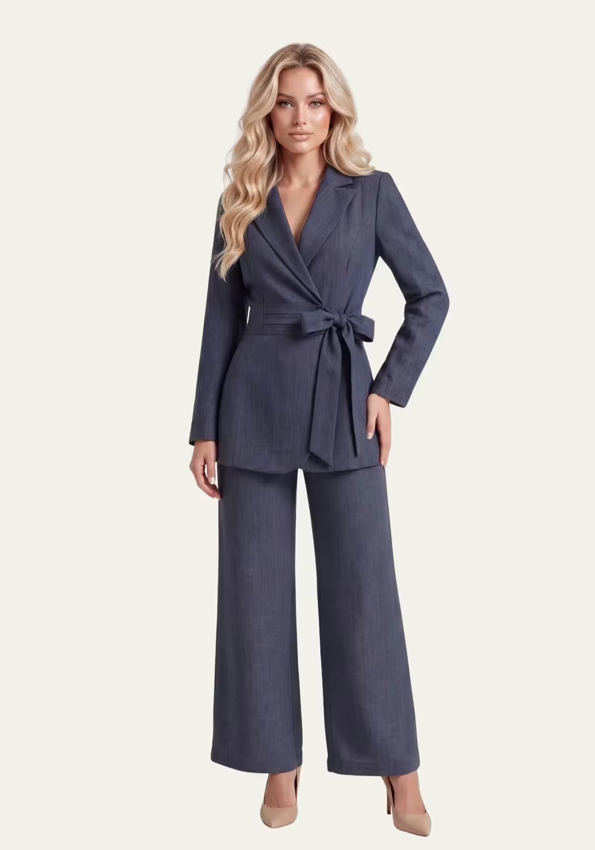 Women's Shirt & Women's Trousers Linen Blue – Wrap Blazer & Palazzo Trousers