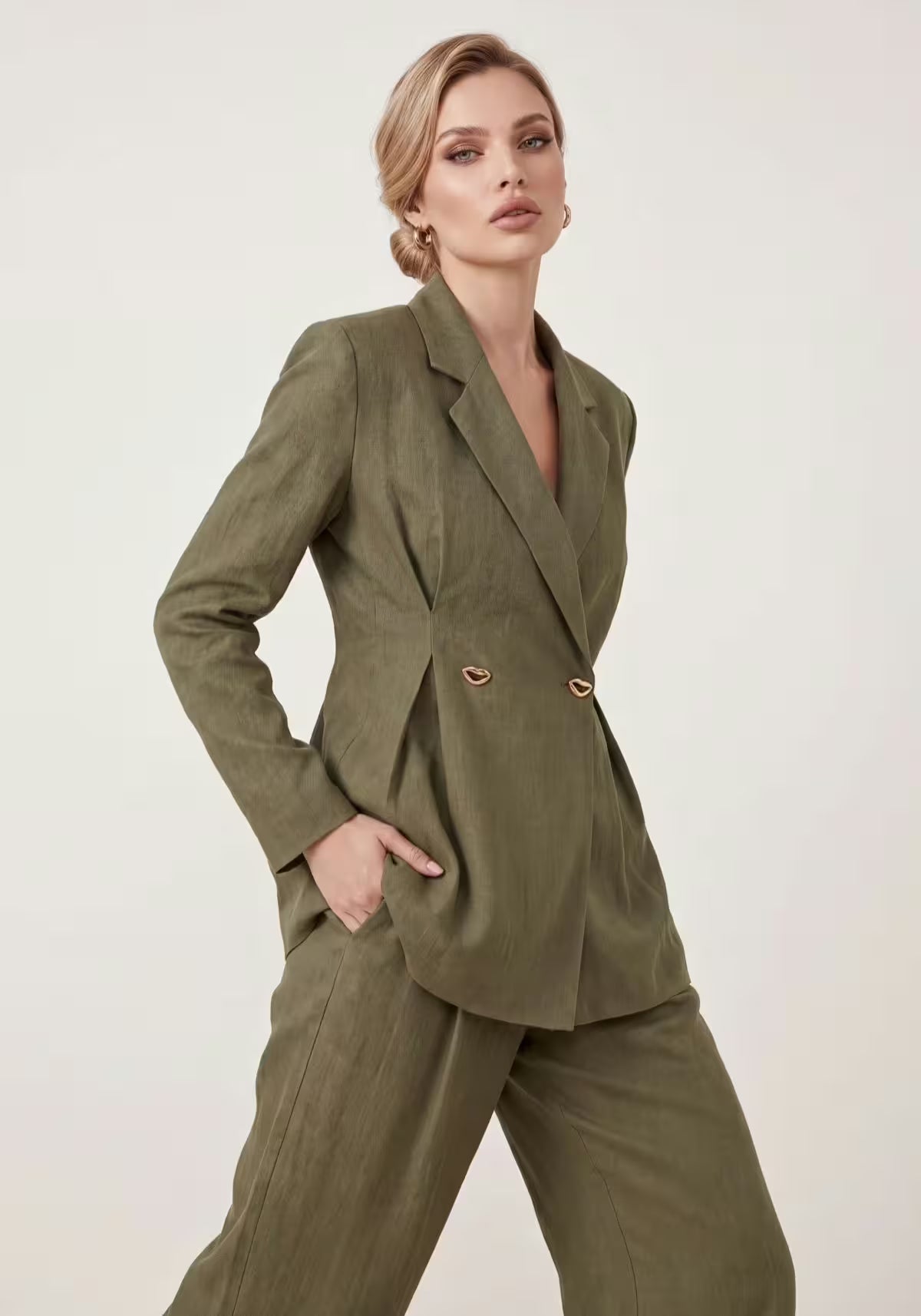 Women's Shirt & Women's Linen Pants Khaki – Long-Sleeve Blazer & Palazzo Pants