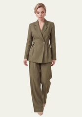 Women's Shirt & Women's Linen Pants Khaki – Long-Sleeve Blazer & Palazzo Pants