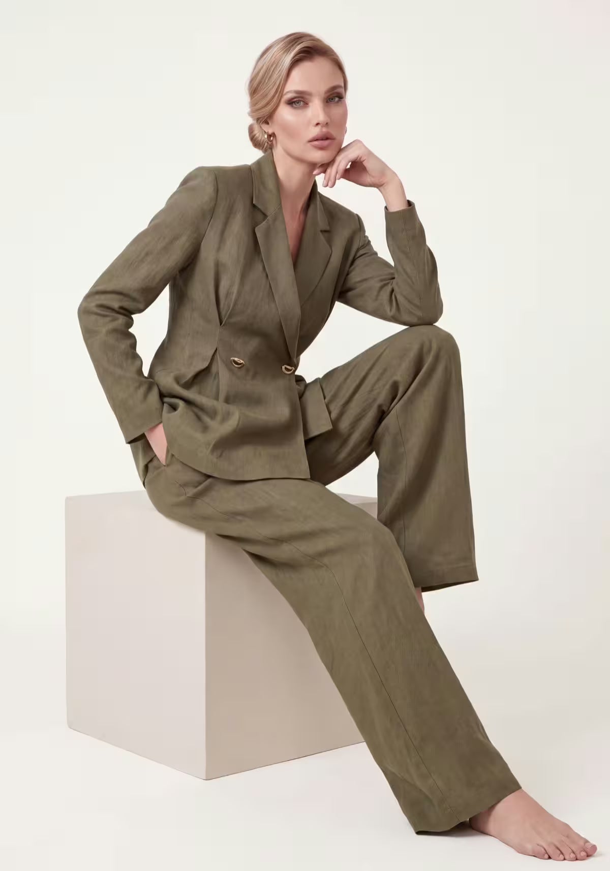 Women's Shirt & Women's Linen Pants Khaki – Long-Sleeve Blazer & Palazzo Pants