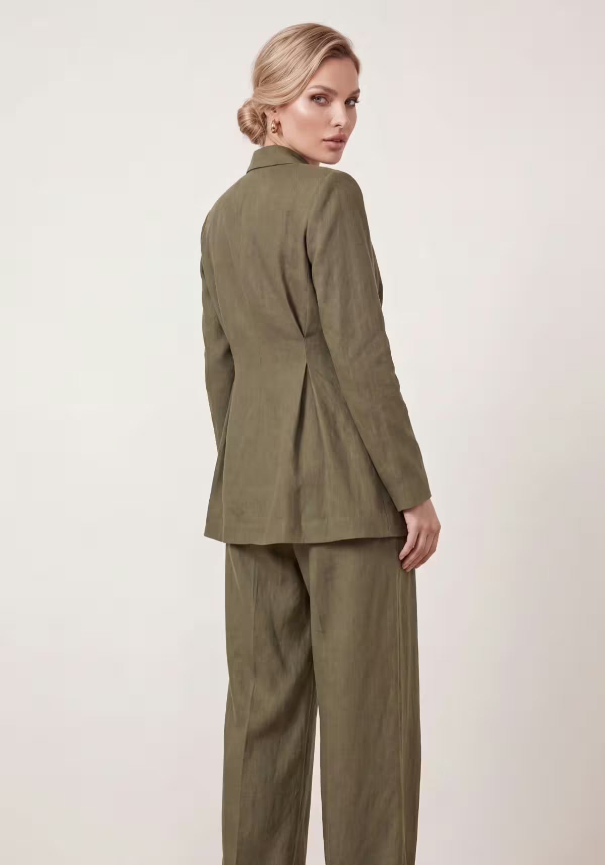 Women's Shirt & Women's Linen Pants Khaki – Long-Sleeve Blazer & Palazzo Pants