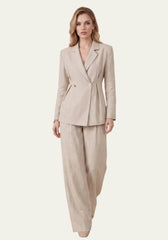 Women's Linen Shirt & Trousers Beige – Long-Sleeve Blazer & Palazzo Trousers
