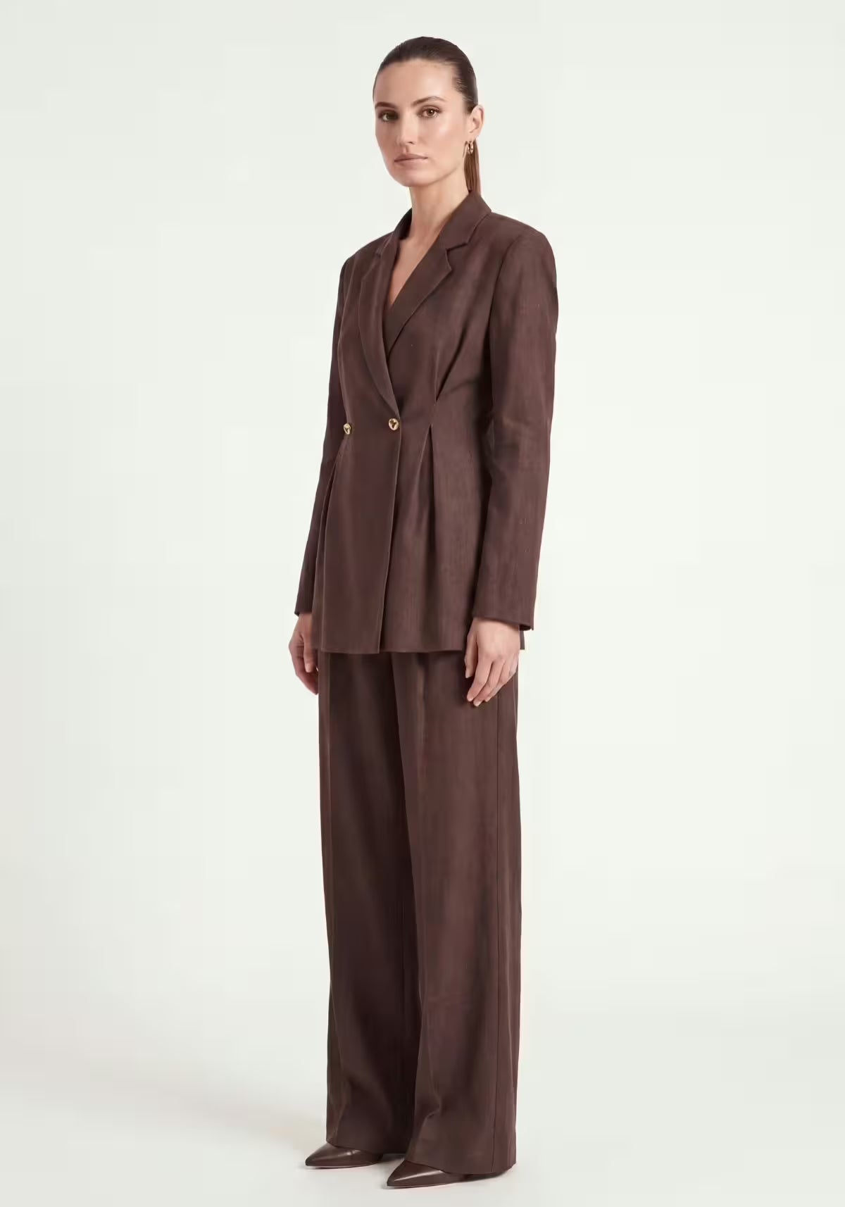 Women's Shirt & Women's Pants Brown – Long-Sleeve Blazer & Palazzo Pants