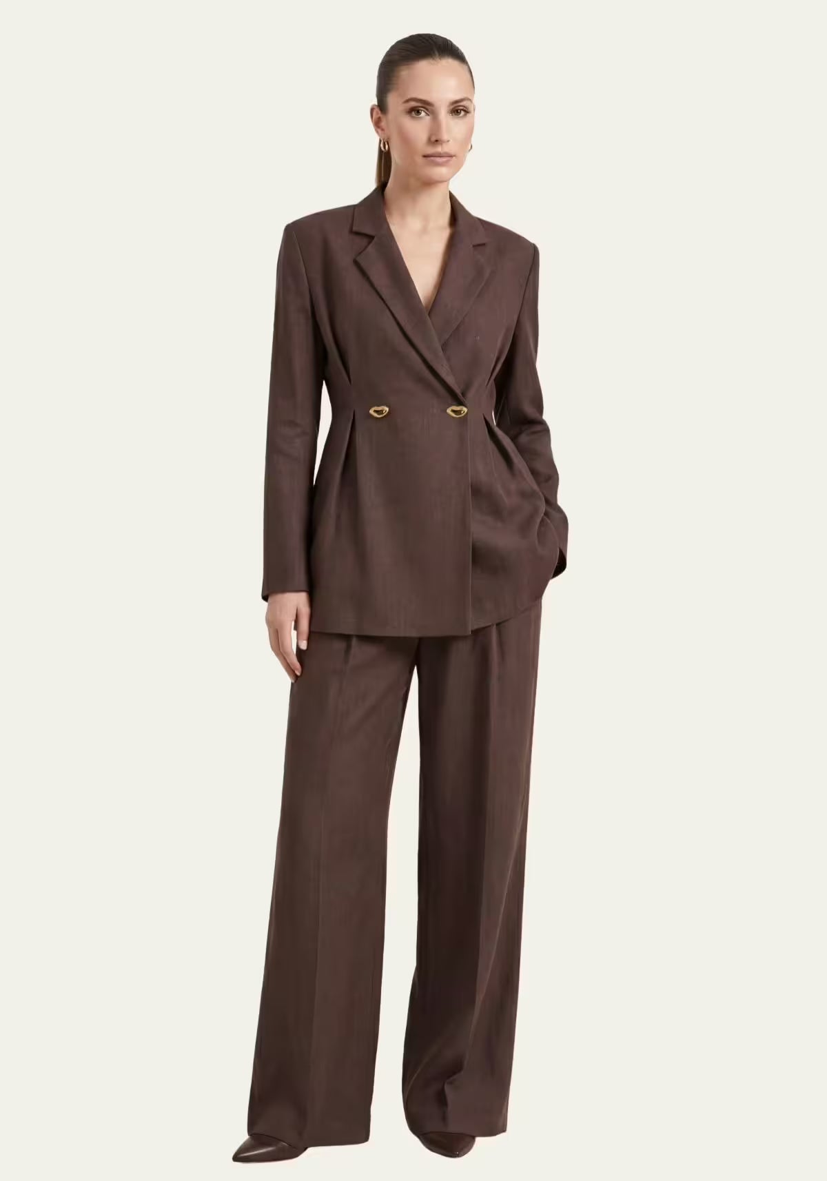 Women's Shirt & Women's Pants Brown – Long-Sleeve Blazer & Palazzo Pants