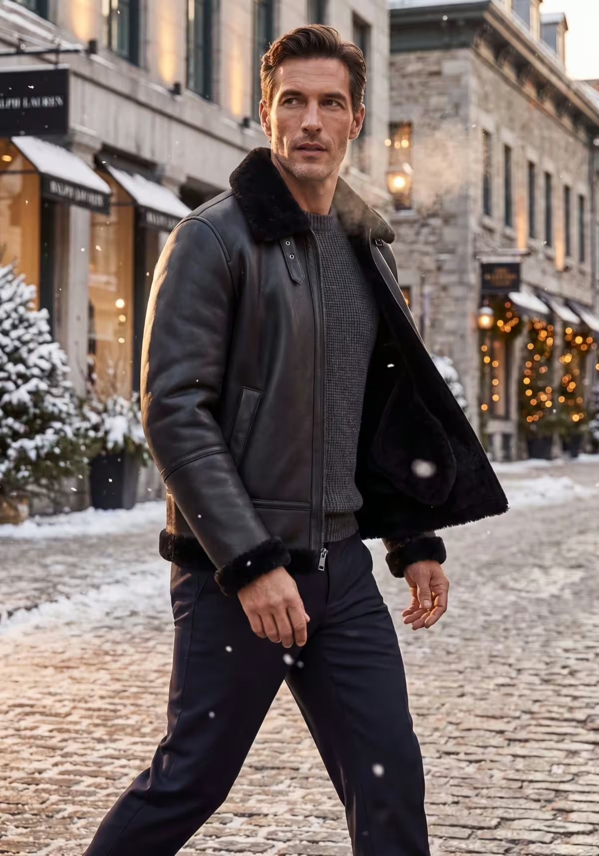 Lammfell Bomberjacke Aviator Black – Merino Shearling