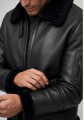 Lammfell Bomberjacke Aviator Black – Merino Shearling