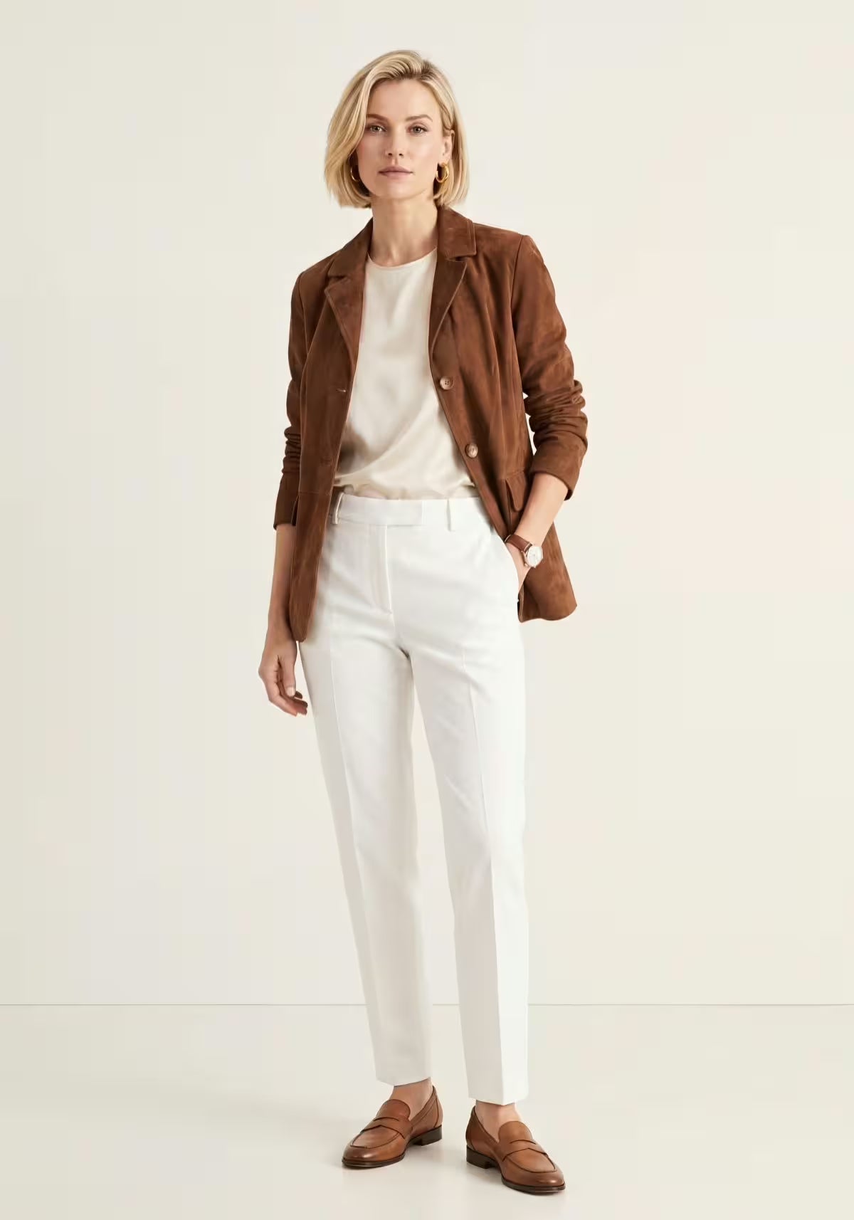 Eleganter Lederblazer Cognac – Damen Sakko aus Lammveloursleder