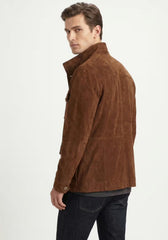 Herren Veloursleder-Jacke Cognac im Safari-Design