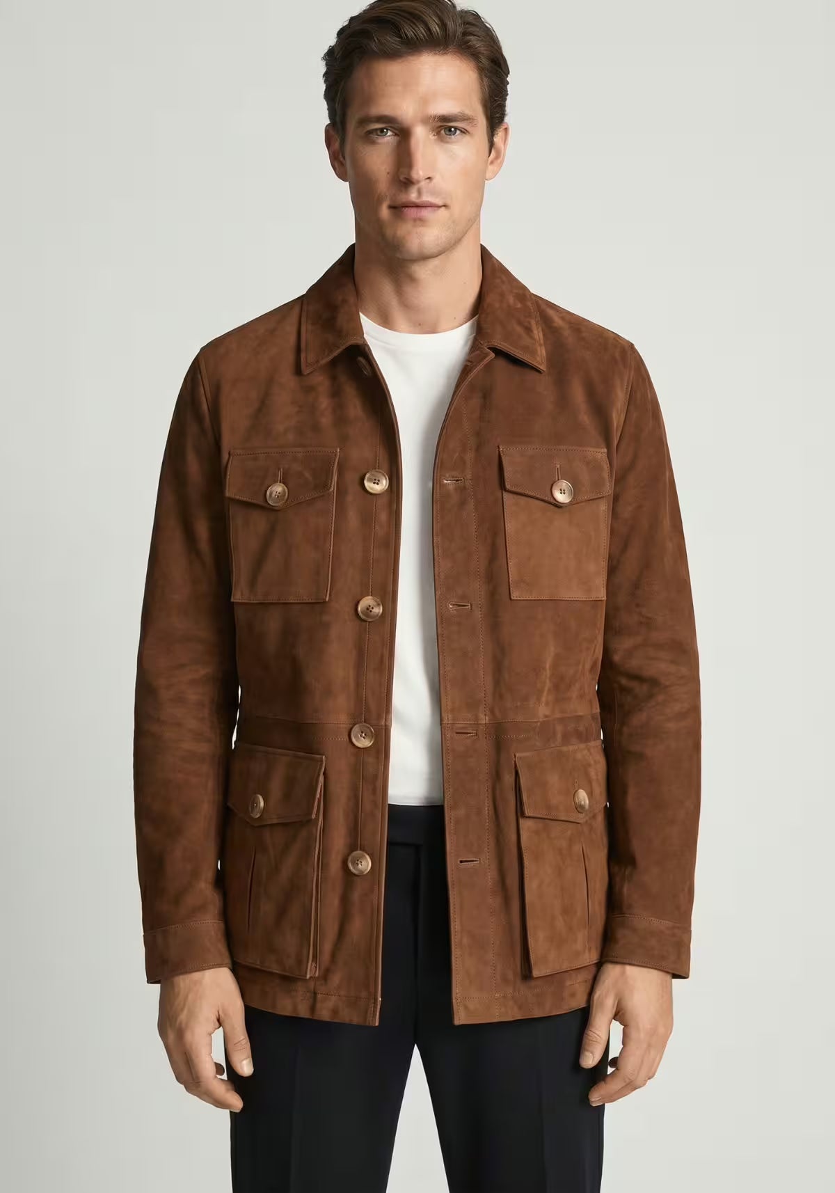 Herren Veloursleder-Jacke Cognac im Safari-Design