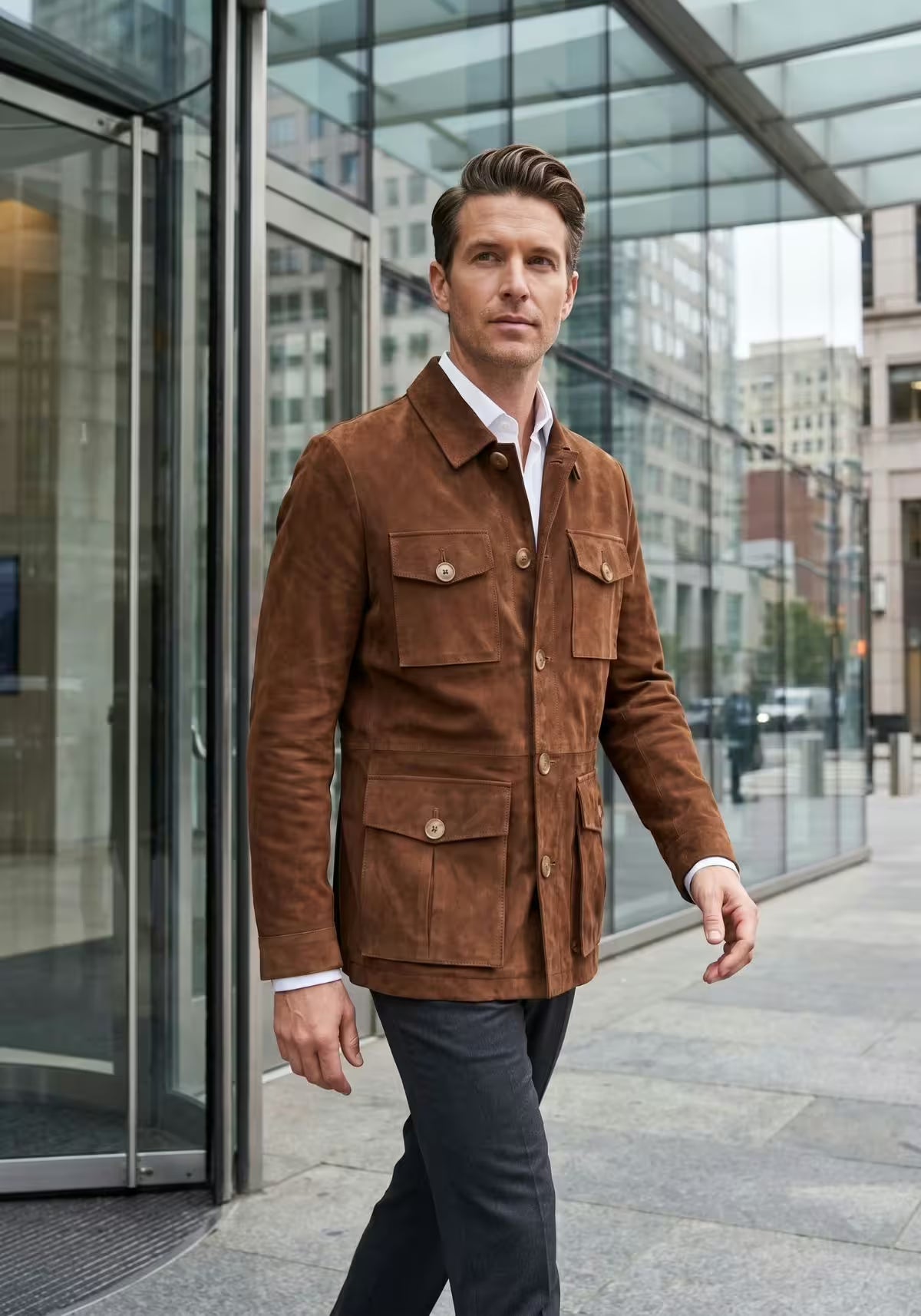 Herren Veloursleder-Jacke Cognac im Safari-Design