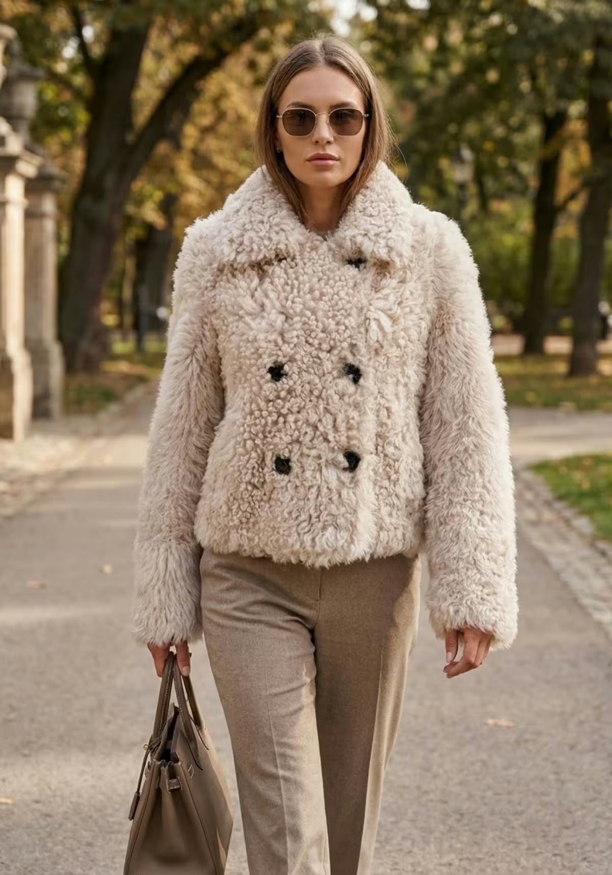 Luxuriöse Curly Lammfelljacke in Creme-Beige Modell 1043